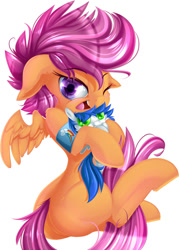 Size: 858x1200 | Tagged: safe, artist:knifeh, imported from derpibooru, scootaloo, oc, oc:nife, armband, blushing, plushie, solo, wings