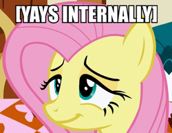 Size: 530x410 | Tagged: safe, imported from derpibooru, screencap, fluttershy, descriptive noise, image macro, meme, x internally, yay