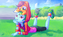 Size: 1920x1136 | Tagged: safe, artist:halem1991, imported from derpibooru, rainbow dash, scootaloo, human, pegasus, pony, equestria girls, clothes, color porn, cute, cutealoo, dashabetes, halem1991 is trying to murder us, hoodie, ponies riding humans, pony hat, riding, scootaloo riding rainbow dash, scootalove