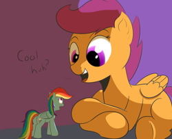 Size: 1024x832 | Tagged: safe, artist:cosmonaut, imported from derpibooru, rainbow dash, scootaloo, pony, backwards cutie mark, giant pony, giantess, macro, size difference, smoldash