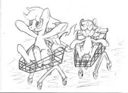 Size: 1000x727 | Tagged: safe, artist:tg-0, imported from derpibooru, derpy hooves, dinky hooves, pony, monochrome, shopping cart, silly, silly pony, sketch, supermarket