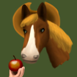 Size: 512x512 | Tagged: safe, artist:platinumdrop, imported from derpibooru, applejack, horse, apple, hand, hat, hoers, realistic