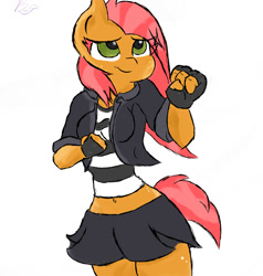 Size: 1900x2000 | Tagged: safe, artist:babsity, imported from derpibooru, babs seed, anthro, belly button, brooklyn babs, clothes, cute, female, fighting stance, gloves, jacket, long mane, midriff, older, skirt, smiling, solo, wip