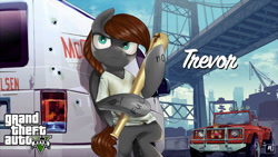 Size: 1024x576 | Tagged: safe, artist:supermare, imported from derpibooru, ace of spades, baseball bat, blood, bridge, bullet hole, canis bodhi, car, crossover, grand theft auto, gta v, solo, tattoo, teddy bear, trevor philips, truck, van, vehicle, vulgar