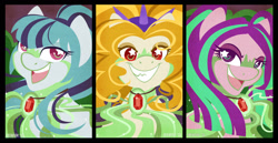 Size: 1280x663 | Tagged: safe, artist:abbystarling, imported from derpibooru, adagio dazzle, aria blaze, sonata dusk, earth pony, pony, equestria girls ponified, female, gem, mare, ponified, siren gem, the dazzlings, trio