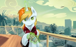 Size: 1024x640 | Tagged: safe, artist:supermare, imported from derpibooru, clothes, grand theft auto, gta v, levitation, magic, michael de santa, money, solo