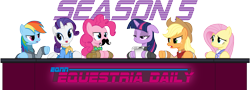 Size: 4167x1500 | Tagged: safe, artist:starbolt-81, imported from derpibooru, applejack, fluttershy, pinkie pie, rainbow dash, rarity, twilight sparkle, equestria daily, banner, clothes, mane six, moustache, reporter, simple background, table, transparent background, vector