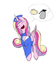 Size: 1500x2000 | Tagged: safe, artist:sneopony, imported from derpibooru, princess cadance, cheerful, clothes, coffee, female, simple background, solo, stewardess, tea, uniform