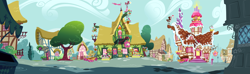 Size: 3640x1083 | Tagged: safe, imported from derpibooru, leak, building, concept art, flower shop, house, houses, no pony, panorama, ponyville, sugarcube corner, tree