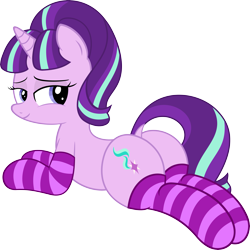 Size: 5993x6000 | Tagged: safe, artist:an-tonio, artist:slb94, imported from derpibooru, starlight glimmer, pony, unicorn, absurd resolution, bedroom eyes, butt, clothes, dock, female, looking at you, looking back, mare, plot, prone, raised tail, simple background, socks, solo, striped socks, transparent background