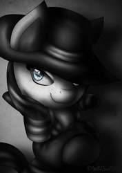 Size: 1024x1448 | Tagged: safe, artist:ikuvaito, imported from derpibooru, rarity, rarity investigates, detective rarity, female, grayscale, monochrome, solo