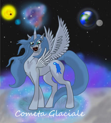 Size: 900x1000 | Tagged: safe, artist:silverfangwrathwolf1, imported from derpibooru, oc, oc only, oc:cometa glaciale, alicorn, pony, alicorn oc, solo, space