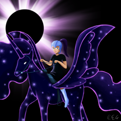 Size: 3300x3300 | Tagged: safe, artist:egstudios93, imported from derpibooru, princess luna, tantabus, human, eclipse, equestria warriors, helmet, humanized, humans riding ponies, riding, solar eclipse, the legend of zelda