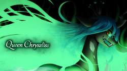 Size: 1920x1080 | Tagged: safe, artist:hashioaryut, imported from derpibooru, queen chrysalis, changeling, changeling queen, crown, evil face, fangs, female, jewelry, regalia, solo, wallpaper