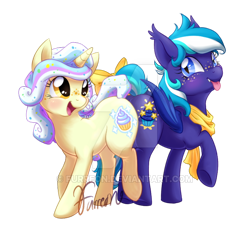 Size: 750x700 | Tagged: safe, artist:furreon, imported from derpibooru, oc, oc only, oc:night star strudel, oc:sprinkle frost, bat pony, pony, blushing, bow, butt bump, butt to butt, butt touch, clothes, looking back, open mouth, raised hoof, raised leg, scarf, simple background, smiling, tail bow, tongue out, transparent background, underhoof