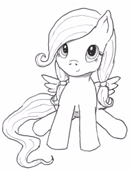 Size: 2150x2800 | Tagged: safe, artist:bigmacintosh2000, imported from derpibooru, fluttershy, pegasus, pony, alternate hairstyle, colorless, cute, female, filly, filly fluttershy, looking at you, looking up, monochrome, pigtails, shyabetes, simple background, sitting, smiling, solo, traditional art, white background