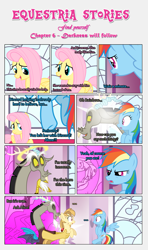 Size: 1919x3245 | Tagged: safe, artist:estories, imported from derpibooru, discord, fluttershy, rainbow dash, oc, oc:alice goldenfeather, draconequus, pegasus, pony, comic:find yourself, comic, halo, holding a pony, teleportation