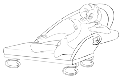 Size: 1120x717 | Tagged: safe, artist:alixnight, imported from derpibooru, rarity, anthro, unguligrade anthro, unicorn, canterlot boutique, fainting couch, female, glasses, monochrome, newspaper, sketch, solo