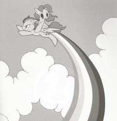 Size: 391x405 | Tagged: artist needed, safe, imported from derpibooru, pinkie pie, rainbow dash, cloud, cute, horse riding a horse, monochrome, old timey, pinkie pie riding rainbow dash, ponies riding ponies, rainbow, riding