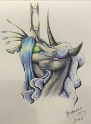 Size: 593x807 | Tagged: safe, artist:begasus, imported from derpibooru, nightmare moon, queen chrysalis, alicorn, changeling, changeling queen, pony, bust, chrysmoon, cute, cutealis, female, lesbian, mare, moonabetes, portrait, shipping, traditional art