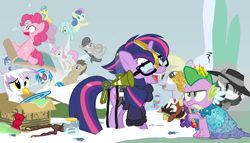 Size: 980x560 | Tagged: safe, artist:dm29, imported from derpibooru, bon bon, derpy hooves, dj pon-3, doctor whooves, gilda, lemon hearts, lyra heartstrings, minuette, moondancer, octavia melody, pinkie pie, rainbow dash, rarity, smooze, spike, sweetie drops, time turner, trouble shoes, twilight sparkle, twinkleshine, vinyl scratch, alicorn, griffon, pony, twittermite, amending fences, appleoosa's most wanted, bloom and gloom, canterlot boutique, castle sweet castle, do princesses dream of magic sheep, make new friends but keep discord, party pooped, princess spike (episode), rarity investigates, slice of life (episode), tanks for the memories, the cutie map, the lost treasure of griffonstone, alternate hairstyle, background six, bowtie, box, cardboard box, clothes, crossing the memes, crying, derpysaur, detective rarity, dress, female, fusion, glasses, hat, i didn't listen, i'm pancake, lyrabon (fusion), mare, meme, new crown, princess dress, punklight sparkle, sled, snow, staff, staff of sameness, sweater, the meme continues, the ride never ends, the story so far of season 5, this isn't even my final form, top hat, twilight scepter, twilight sparkle (alicorn), unamused, volumetric mouth