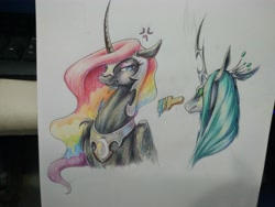 Size: 4160x3120 | Tagged: safe, artist:begasus, imported from derpibooru, nightmare moon, queen chrysalis, alicorn, changeling, changeling queen, pony, chrysmoon, cute, cutealis, duo, female, lesbian, mare, moonabetes, paintbrush, shipping, traditional art, wing claws