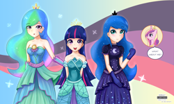 Size: 2000x1200 | Tagged: safe, artist:vanillafox2035, imported from derpibooru, princess cadance, princess celestia, princess luna, twilight sparkle, alicorn, human, pony, canterlot boutique, alicorn tetrarchy, clothes, cute, cutelestia, dialogue, dress, evening gloves, gloves, humanized, looking at you, lunabetes, open mouth, over the moon, princess dress, smiling, speech bubble, tripping the light, twiabetes