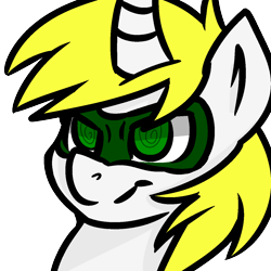 Size: 1250x1250 | Tagged: safe, imported from derpibooru, oc, oc only, oc:dizzy down, pony, unicorn, curved horn, glare, mask, simple background, smirk, solo, superhero, swirly eyes, transparent background