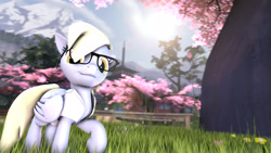 Size: 1920x1080 | Tagged: safe, artist:durpy337, imported from derpibooru, derpy hooves, pegasus, pony, 3d, adorkable, clothes, cute, derpabetes, dork, female, glasses, mare, shirt, source filmmaker, tree, underp