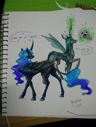 Size: 3120x4160 | Tagged: safe, artist:begasus, imported from derpibooru, nightmare moon, queen chrysalis, alicorn, changeling, changeling queen, classical unicorn, pony, chrysmoon, cute, cutealis, female, leonine tail, lesbian, mare, moonabetes, realistic horse legs, shipping, traditional art