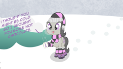 Size: 1920x1080 | Tagged: safe, artist:anonymous, imported from derpibooru, octavia melody, /pone/, 8chan, clothes, cute, female, hot chocolate, scarf, snow, solo, tavibetes, winter