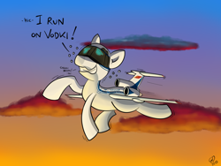 Size: 1600x1200 | Tagged: safe, artist:goldenpansy, imported from derpibooru, oc, oc only, original species, plane pony, pony, cheeki breeki, cloud, cloudy, drunk, plane, russian, sunset, tupolev tu-154