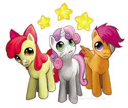 Size: 700x590 | Tagged: safe, artist:miszasta, imported from derpibooru, apple bloom, scootaloo, sweetie belle, pony, bandage, cutie mark crusaders, eyepatch, female, filly, injured, stars