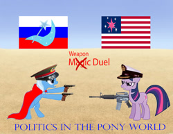 Size: 1017x786 | Tagged: safe, artist:trixielulamoon11, imported from derpibooru, trixie, twilight sparkle, pony, unicorn, female, gun, mare, russia, united states