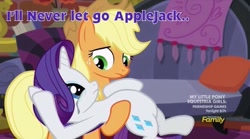 Size: 640x355 | Tagged: safe, edit, imported from derpibooru, screencap, applejack, rarity, made in manehattan, applejack's damaged hat, discovery family logo, female, image macro, lesbian, meme, purple text, rarijack, shipping, titanic