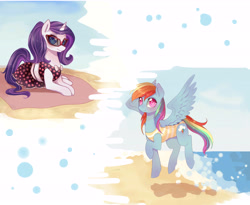 Size: 5512x4512 | Tagged: safe, artist:liliumena, imported from derpibooru, rainbow dash, rarity, absurd resolution, beach, clothes, one-piece swimsuit, sunglasses, swimsuit