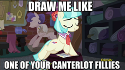 Size: 800x450 | Tagged: safe, edit, edited screencap, imported from derpibooru, screencap, coco pommel, earth pony, pony, made in manehattan, canterlot, caption, coco's apartment, draw me like one of your french girls, eyes closed, female, image macro, mare, meme, smiling, solo, titanic