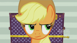 Size: 500x281 | Tagged: safe, imported from derpibooru, screencap, applejack, earth pony, pony, made in manehattan, animated, applejack's hat, chest, cowboy hat, discovery family, discovery family logo, eyeroll, female, hat, mare, solo, stetson, unamused