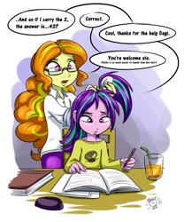 Size: 2000x2400 | Tagged: safe, artist:ponut_joe, imported from derpibooru, adagio dazzle, aria blaze, equestria girls, 42, adoragio, ariabetes, book, chair, clothes, cup, cute, dialogue, drink, duo, female, glasses, homework, juice, mamadagio, math, nerddagio, open mouth, pants, pen, siblings, speech bubble, straw, sweater, table, the dazzlings, younger