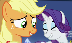 Size: 1234x752 | Tagged: safe, imported from derpibooru, screencap, applejack, rarity, made in manehattan, discovery family logo, lip bite