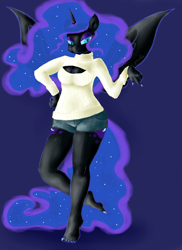 Size: 1700x2338 | Tagged: source needed, safe, artist:oliverthepanda, imported from derpibooru, nightmare moon, alicorn, anthro, plantigrade anthro, barefoot, both cutie marks, clothes, feet, female, fingernails, hand, keyhole turtleneck, looking down, nail polish, open-chest sweater, sexy, shorts, solo, stupid sexy nightmare moon, sweater, turtleneck, unshorn fetlocks