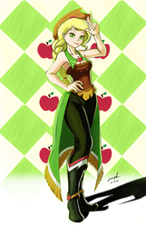 Size: 1095x1700 | Tagged: safe, artist:the-park, deleted from derpibooru, imported from derpibooru, applejack, human, armpits, clothes, dress, gala dress, humanized, solo