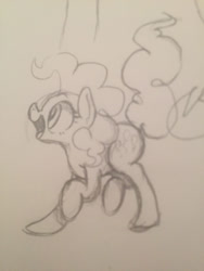 Size: 1280x1706 | Tagged: safe, artist:whale, imported from derpibooru, pinkie pie, explicit source, female, happy, monochrome, sketch, solo, traditional art