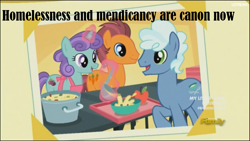 Size: 1366x768 | Tagged: safe, imported from derpibooru, screencap, carrot stew, plum pop, winter mist, earth pony, pony, made in manehattan, background pony, beggar, discovery family logo, female, food, homeless, male, mare, poverty, stallion, unnamed pony