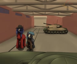Size: 1280x1067 | Tagged: safe, artist:the-furry-railfan, imported from derpibooru, oc, oc only, oc:aerith, oc:night strike, alicorn, pegasus, pony, fallout equestria, fallout equestria: empty quiver, clothes, hangar, hat, indoors, porsche tiger, story, tank (vehicle), tiger (tank)