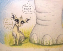 Size: 993x805 | Tagged: safe, artist:thefriendlyelephant, imported from derpibooru, oc, oc only, oc:kekere, oc:obi, antelope, dik dik, elephant, animal in mlp form, cloven hooves, cute, diabetes, duo, elephant foot, fluffy, grass, size difference, speech bubble, traditional art