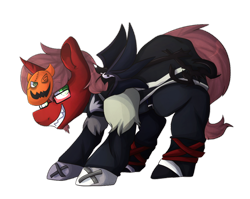 Size: 1024x817 | Tagged: safe, artist:oddends, imported from derpibooru, oc, oc only, oc:sojourner, pony, unicorn, bat wings, brown mane, crouching, disney, glasses, green eyes, halloween, holiday, jack-o-lantern, keyblade, kingdom hearts, looking at you, mask, messy hair, messy mane, pumpkin, red fur, sharp teeth, smiling, solo, sora, wings