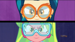 Size: 1366x768 | Tagged: safe, imported from derpibooru, screencap, indigo zap, lemon zest, acadeca, equestria girls, friendship games, crystal prep academy, crystal prep shadowbolts, discovery family logo, duo, goggles