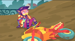 Size: 1320x718 | Tagged: safe, imported from derpibooru, screencap, sunset shimmer, equestria girls, friendship games, biker, boots, clothes, gloves, helmet, motorcross, motorcycle, shoes