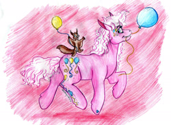 Size: 2034x1480 | Tagged: safe, artist:animagicworld, imported from derpibooru, pinkie pie, pinkie pie (g3), flying squirrel, squirrel, balloon, g3, pink, traditional art